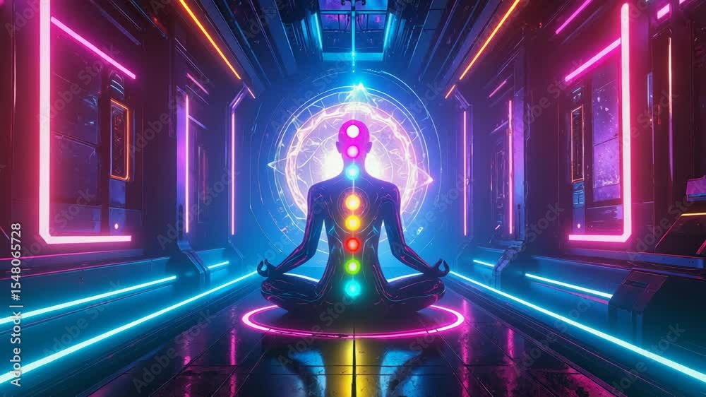 Human meditating in futuristic spaceship with glowing chakras and neon lights.