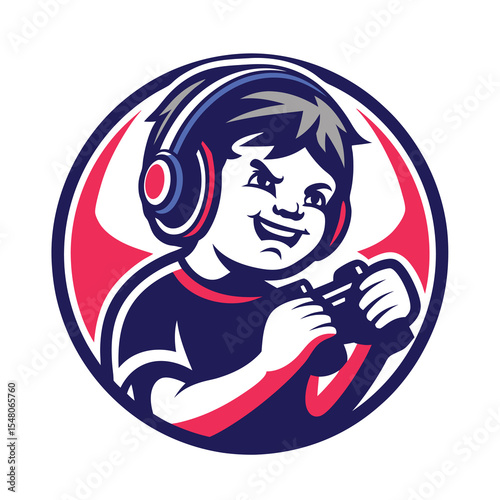 Smiling child with headphones playing video game