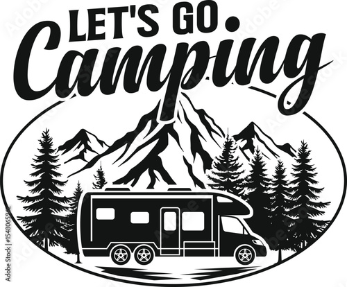 Let's Go Camping Camper Van and Forest Illustration