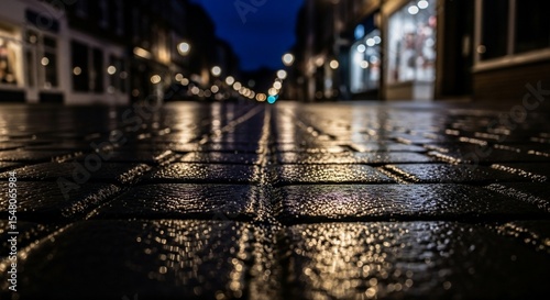 Wet Cobblestone Reflecting City Lights at Night Creating a Dreamy Urban Landscape.