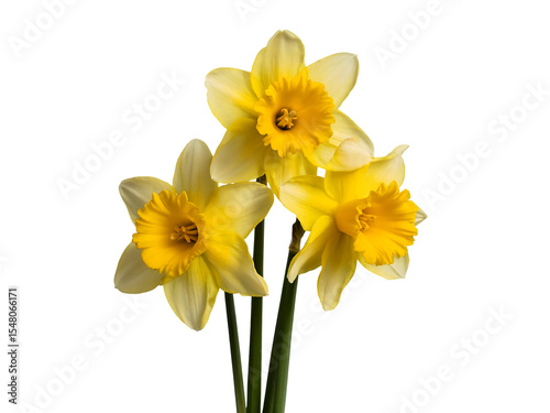 Three vibrant yellow daffodils bloom elegantly against a stark black backdrop, showcasing their delicate petals and sunny hues, transparent background