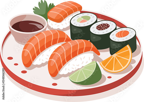 Delicious Sushi Platter Salmon Nigiri, Maki Rolls, and Fresh Citrus