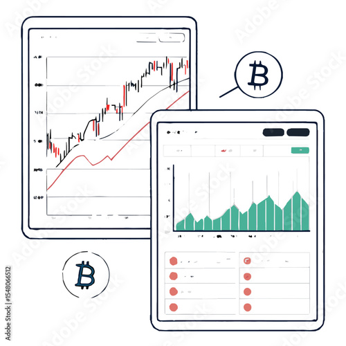 Finance market stock charts on a computer screen illustrate business data and financial trading with a pulse-like icon