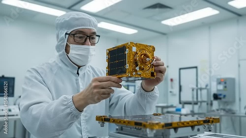 Engineer inspecting satellite component.