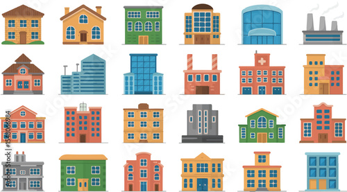 Vector Collection of Diverse Urban Buildings and Structures for Cityscape or Real Estate Projects
