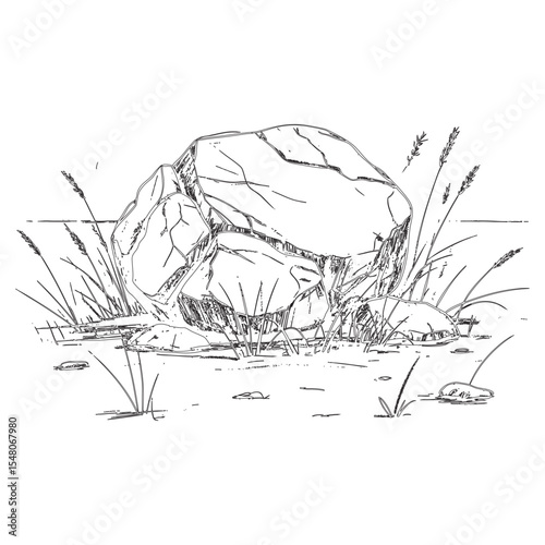Hand-Drawn Rocky Landscape with Grass and Boulders Illustration