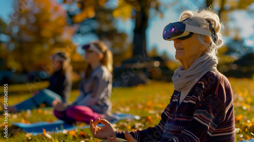 An elderly woman wearing a virtual reality headset practices meditation in an autumn park. A unique scene combining wellness, mindfulness, and modern technology.