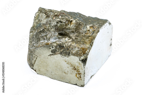 Close-up of pyrite mineral, isolated on white background. photo