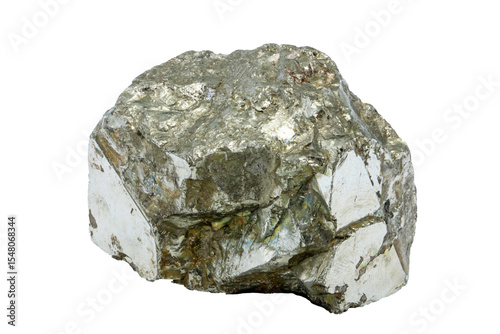 Close-up of pyrite mineral, isolated on white background. photo