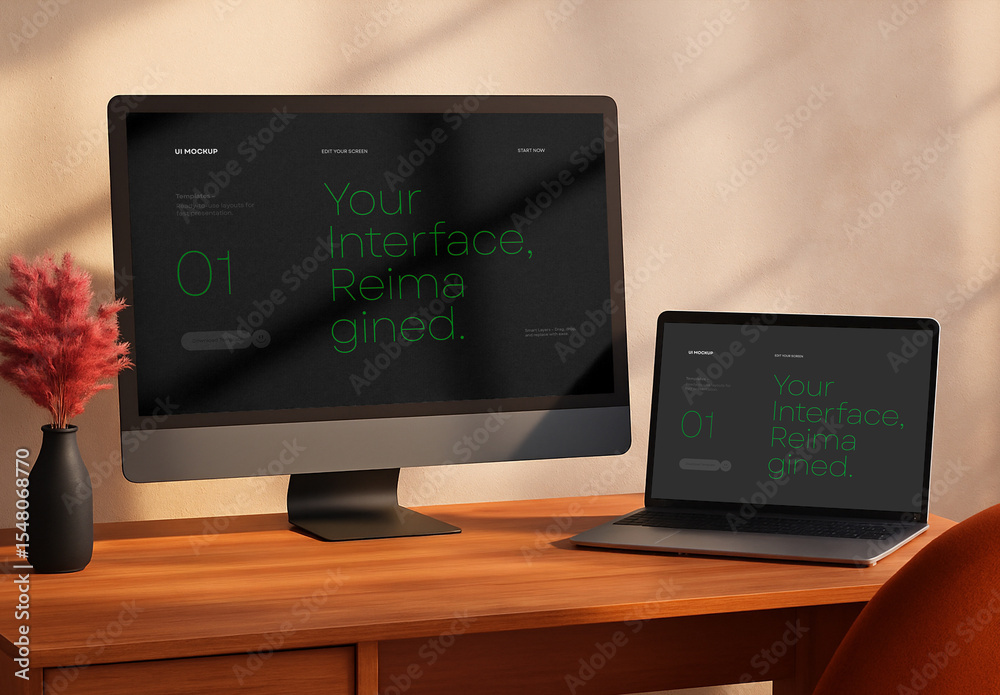 Desktop Computer and Laptop Mockup – Realistic Dual Screen Scene for UI ...