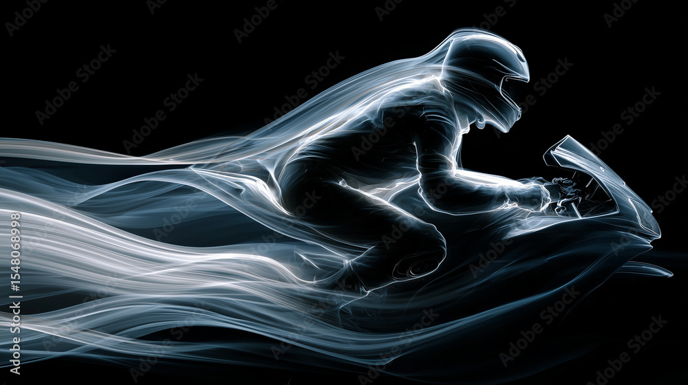 Naklejka premium A glowing silhouette of a motorcyclist in a low aerodynamic riding posture, abstract fluid streams of air and liquid dynamically wrapping around their form, motion lines flowing with turbulence