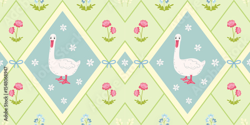 Playful seamless pattern with a white goose, flowers, and ribbons. Soft pastel design for nursery themes, kids' products, and spring decor.