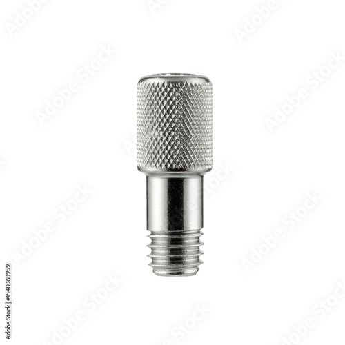 A single, new, polished industrial metal thumb screw, silver-toned, with a knurled head, perfect details, isolated on a transparent background, ultra-realistic product photography concept