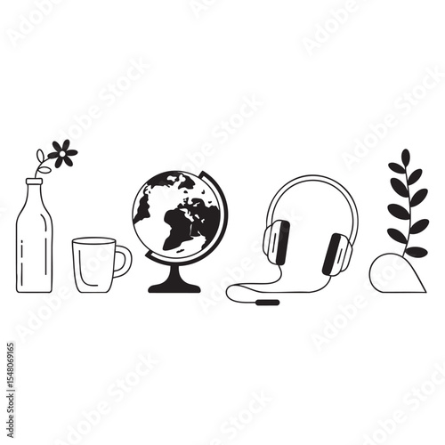 Bold Black and White Lifestyle Icons with Globe, Headphones, Mug, Bottle, and Leaves