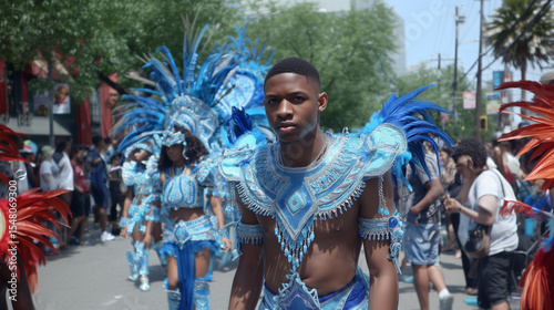 Caribbean Performer in Blue Feather Costume Marching at Montreal Carifiesta Festival Street Parade Celebrating Culture, Unity, and Carnival Pride