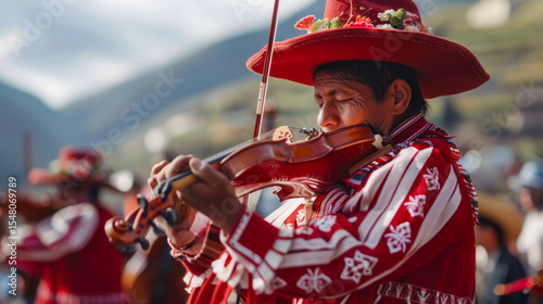 A Peruvian musician dressed in traditional red clothing performs with a violin in the highlands, surrounded by scenic nature and culture.