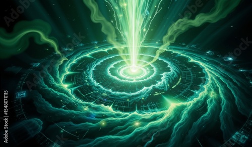 Mystical Circuitry: Emerald and Sapphire Nebulae Forming Geometric Lattice in Dark Expanse