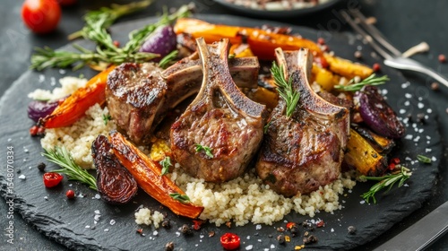 Lamb chops with roasted vegetables and couscous, whole food and protein plate generative ai