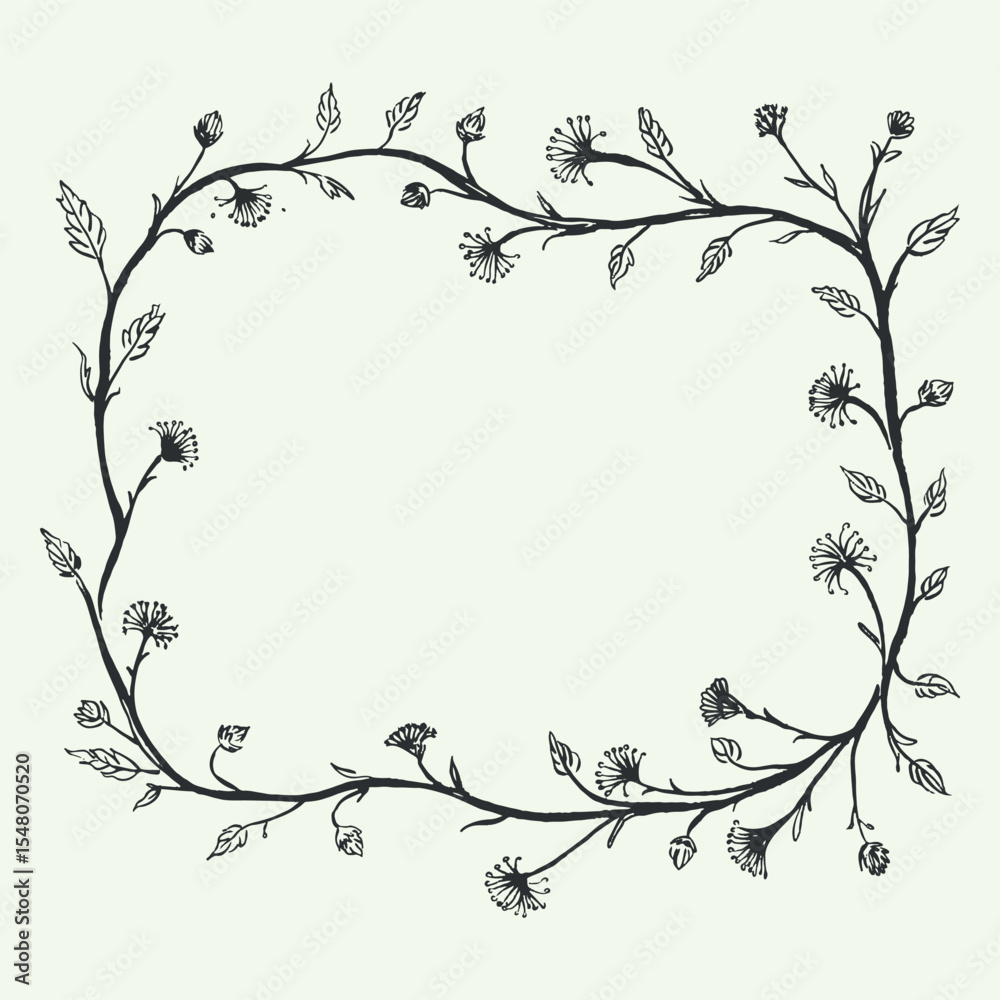 Fototapeta premium The frame is vegetal. Curly vine and dandelions. Frame by hand. Linear floral pattern. Pattern for book cover.