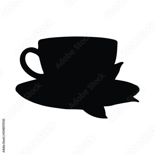 Black Silhouette Teacup Green Tea Leaves Saucer White Background Simple Minimalist Design vector