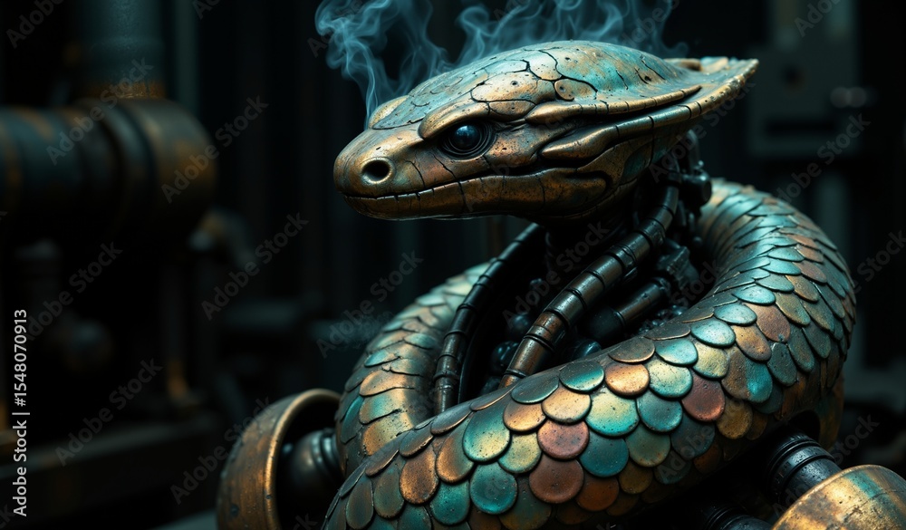Fototapeta premium Robotic Serpent Sculpture: Iridescent Titanium Scales and Simulated Steam in Foundry Setting
