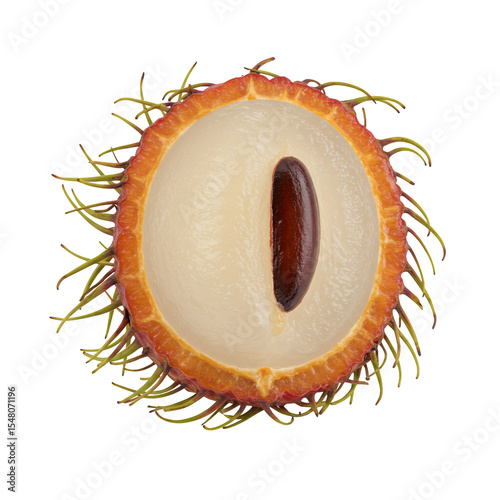 Halved Rambutan Fruit with Translucent Flesh and Dark Seed