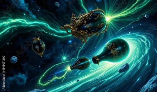Sapphire And Emerald Energy Flows Across Cosmic Void Guiding Obsidian Vessels With Golden Filigree