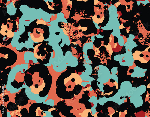 Abstract Camouflage Leopard Spots Vector Seamless Art Pattern Animal Skin Colorful Trendy Furry Pattern, Micro and Macro Elements suitable for printing on surface All over print, Suitable for woman
