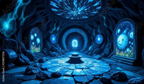 Obsidian Tombs Glow With Cerulean Light, Holographic Nebulae And Bioluminescent Flora Within