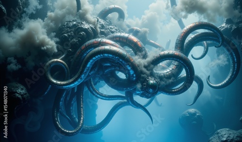 Abstract Steel Tentacles in Grey Mist, Ethereal Blue Light, Submerged Mechanical Life