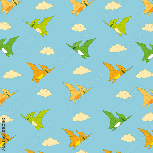 seamless pattern illustration of cute dinosaur Pterodacty design for kids apparel full print fabric