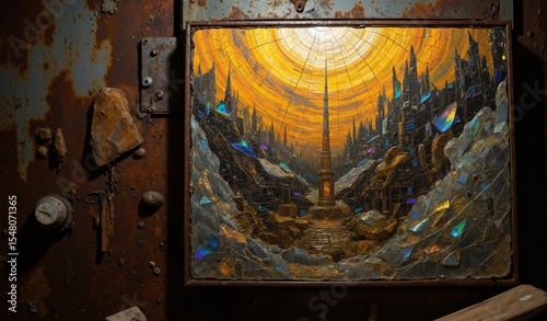 Abstract Mosaic of Fractured Glass and Rusted Metal Reflecting Amber and Charcoal Tones