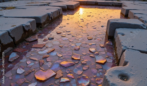 Abstract Mosaic of Shattered Glass and Crumbling Concrete Reflecting Sunset Colors