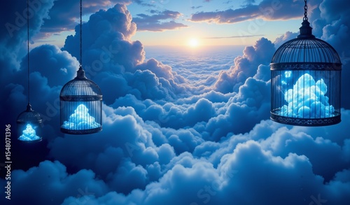 Indigo Violet Clouds, Antique Cages, Pale Blue Mist, Ethereal Ocean, Celestial Dawn, Dramatic Scale