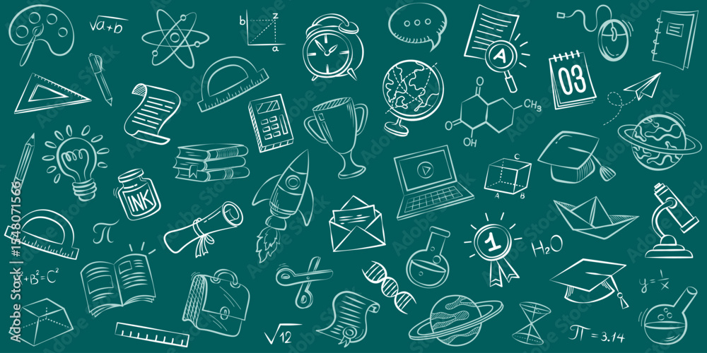 Fotografie Education and science doodle pattern on green chalkboard