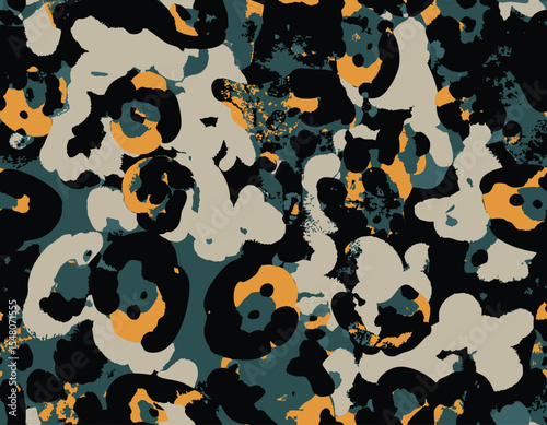 Abstract Camouflage Leopard Spots Vector Seamless Art Pattern Animal Skin Colorful Trendy Furry Pattern, Micro and Macro Elements suitable for printing on surface All over print, Suitable for woman