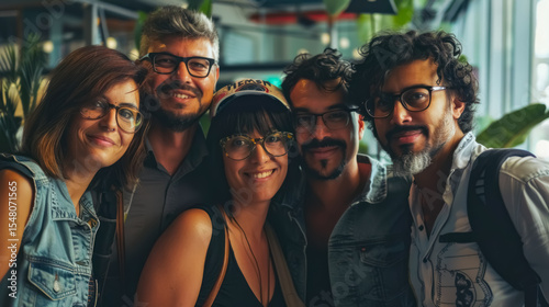 Group of stylish adults smiling and posing together indoors, showing a sense of friendship and community.