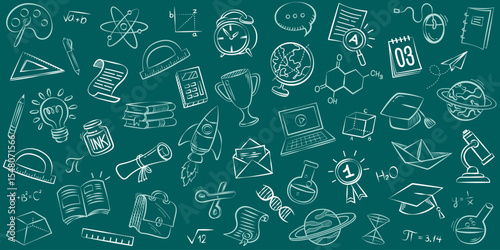 Elegant vector back to school frame designed with a classic green chalkboard background, bordered by a delightful collection of hand-drawn education doodle icons.