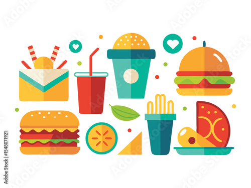 A vibrant flat design illustration featuring a collection of popular fast food items and drinks including burgers fries soda cups and a slice of pizza isolated on white background
