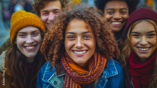 Happy group of friends in winter clothes, smiling and posing together outdoors.