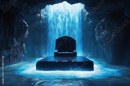 Concept art of an underground cave with a large black stone throne in the center, blue glowing water