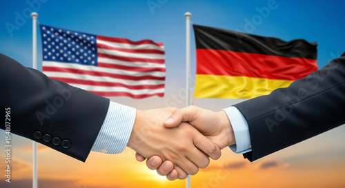 USA and Germany people shake hands in front of waving national flags at sunrise. Concept of agreement and hope in politics and bureaucracy.