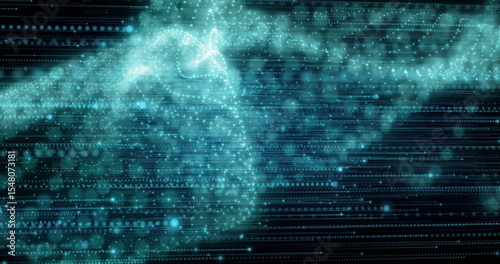 Flowing teal data points swirling with light particles in digital matrix with horizontal code lines