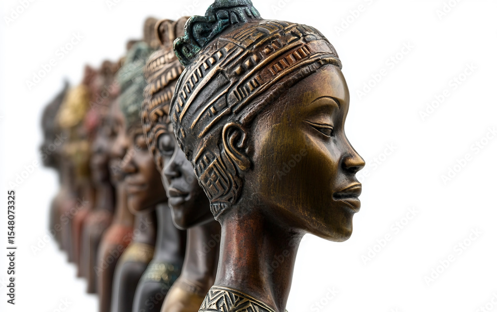Obraz premium A row of African-inspired sculptures in bronze, celebrating the intricate craftsmanship and symbolic meaning in African culture. Generative AI.
