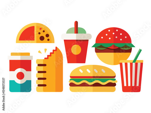 Collection of colorful flat design fast food icons including pizza burgers fries and drinks isolated on white background
