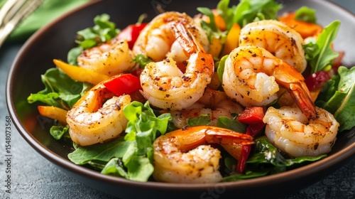 Lightly seasoned shrimp with mixed greens and bell peppers, fresh and healthy food concep generative ai