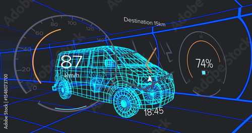 Navigating wireframe van model moving through neon blue grid tunnel, with HUD speedometer gauge