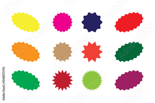 Circle sticker set. Wavy edge promo Colourful badges. Star burst shape tags for price. Blank sale stickers. Simple silhouette. Flat vintage labels. Graphic illustration. 