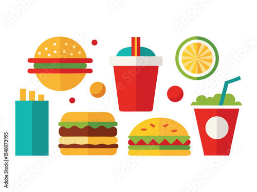 Collection of colorful flat design fast food icons including burgers fries drinks and lime slice isolated on white background
