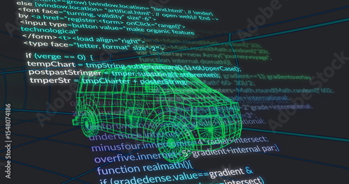 Visualizing green wireframe van model rotating in virtual 3D grid environment, with code overlays